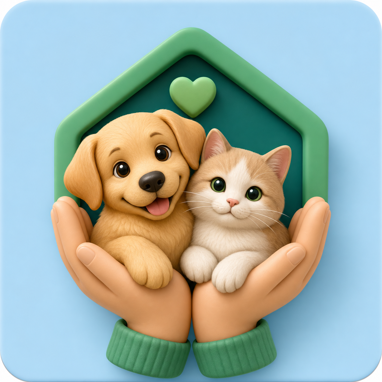 Dog and cat protected by caring hands